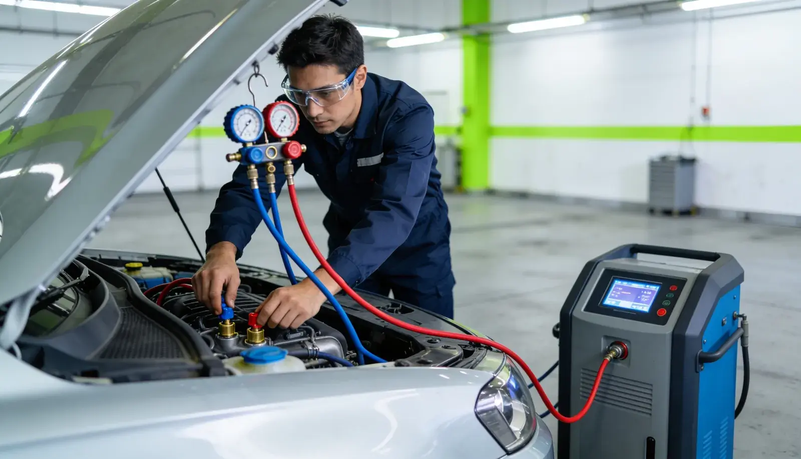 Oficina de ar condicionado automotivo com equipamentos de diagnóstico