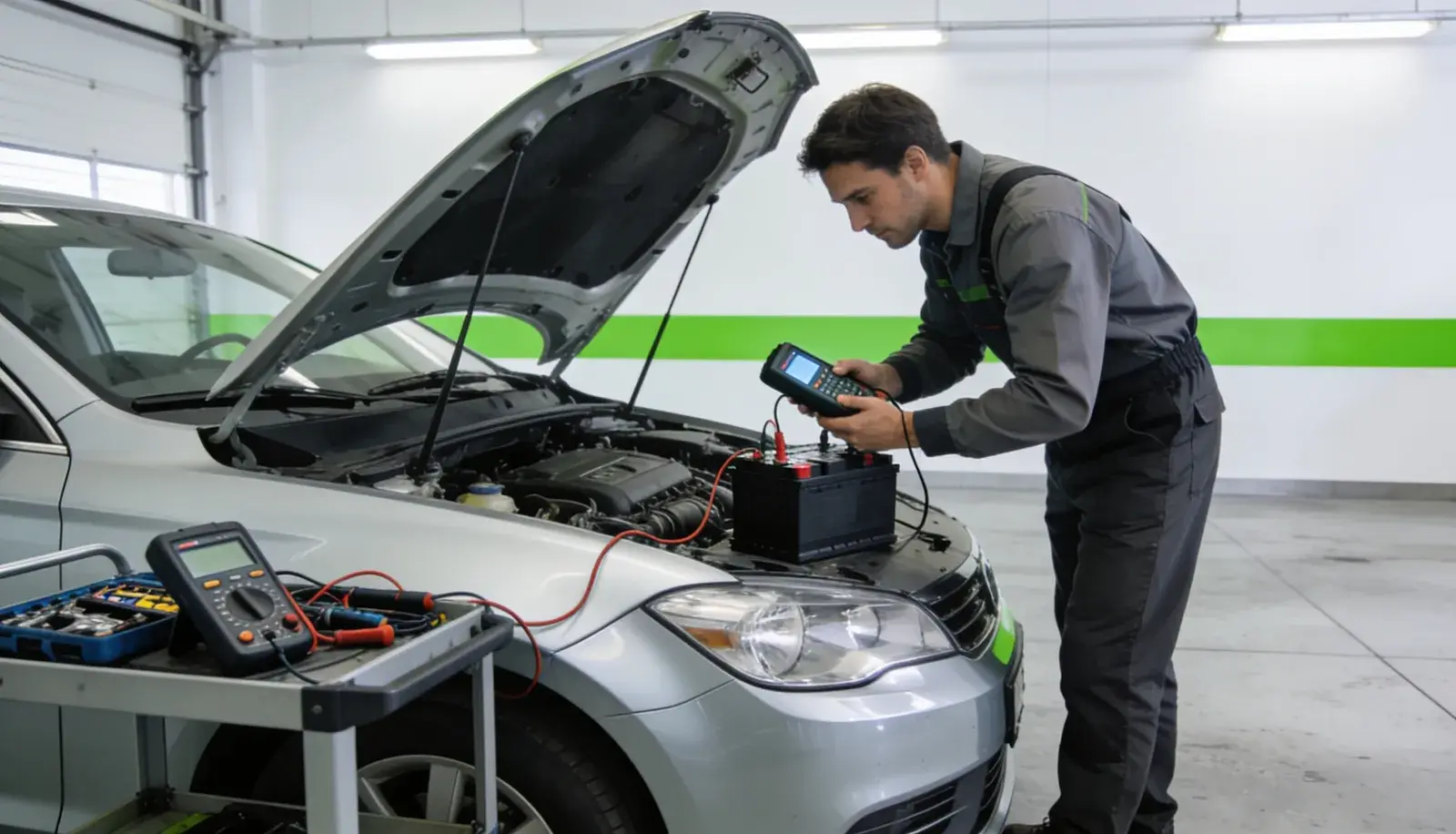 Oficina de elétrica automotiva com equipamentos de diagnóstico