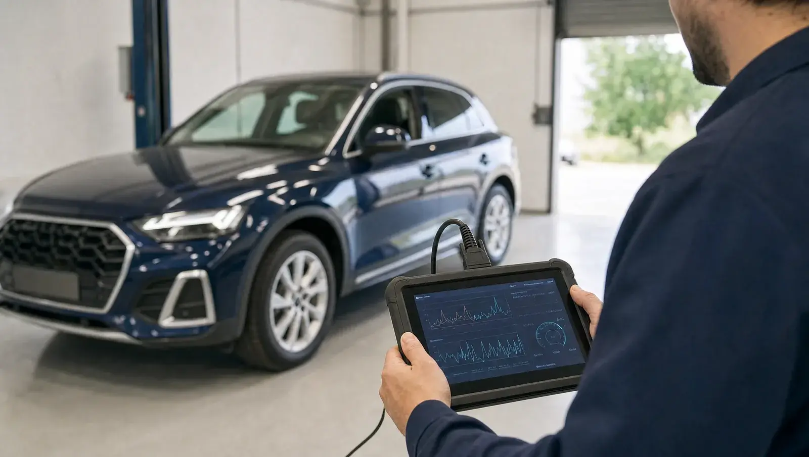 Audi em diagnóstico eletrônico no box da Cidade Automotiva, em Vespasiano
