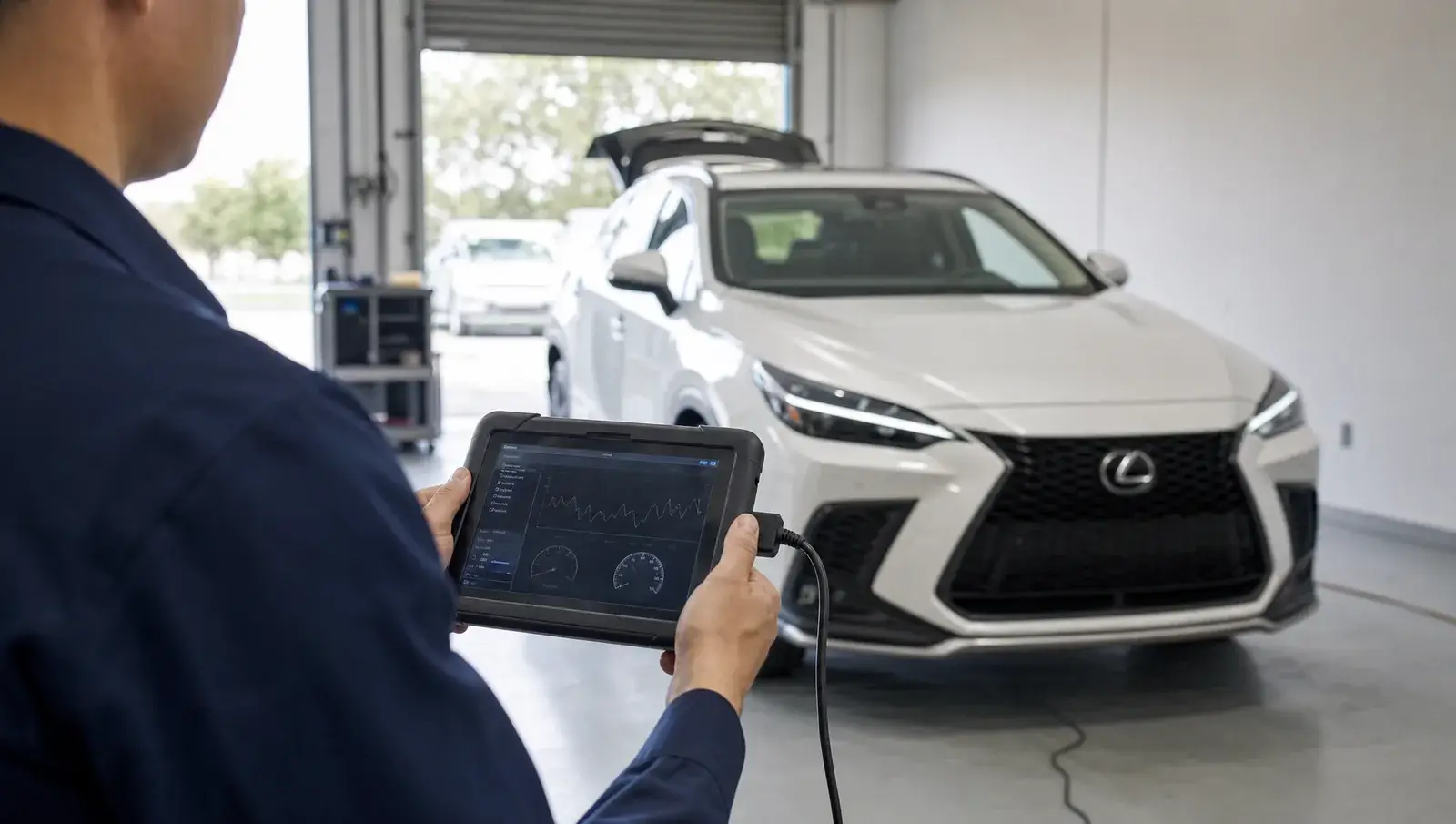 Lexus em diagnóstico eletrônico no box da Cidade Automotiva, em Vespasiano